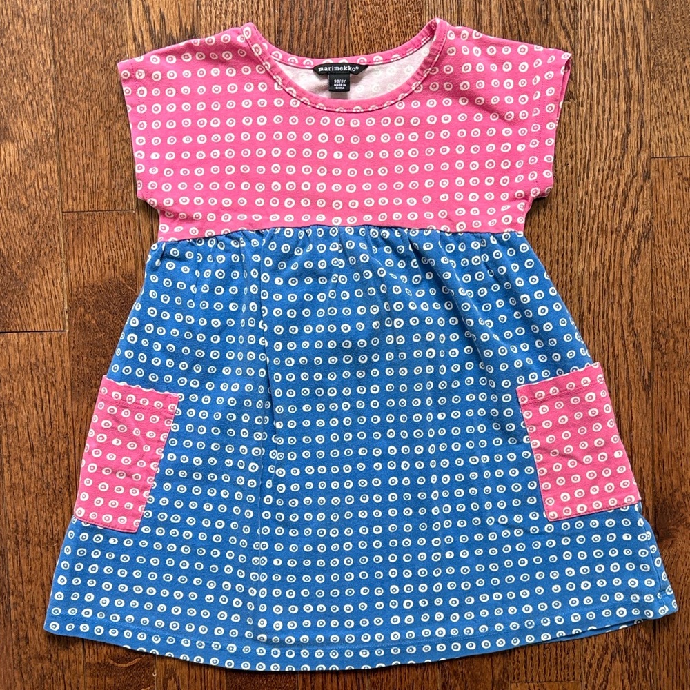 Marimekko Girls 3T Pink and Blue Polka Dot Pocket Dress